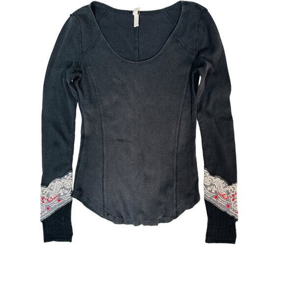We The Free People Large Black Thermal Waffle Knit Top With Bandana Cuffs - Picture 1 of 9